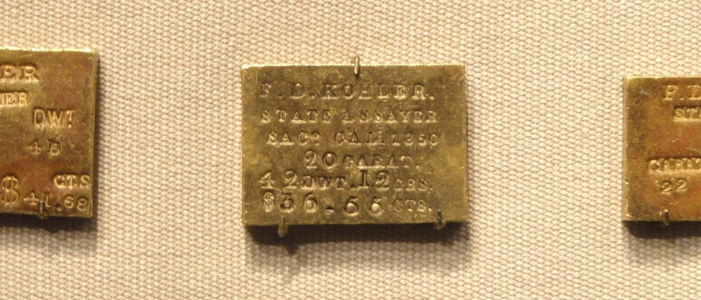 Three stamped gold assay ingots from 1850 issued by the State Assay Office of California